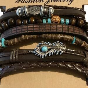 Boho Chic Feather Beaded & Handwoven Faux Leather Bracelets for Men 6-Pc Set NEW
